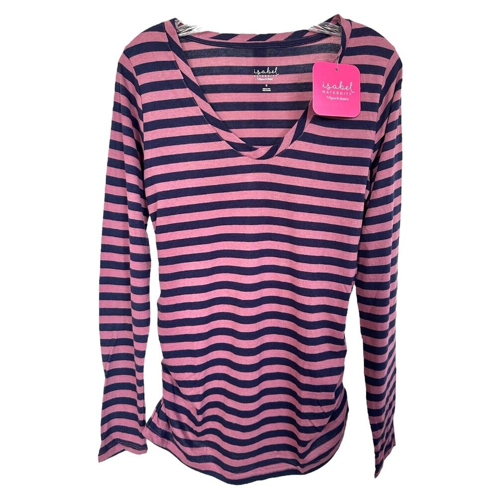 Isabel Maternity Women's Long Sleeve Scoop Neck Shirred Top Size S Mauve Striped
